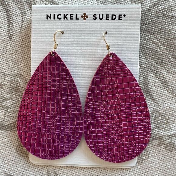 Nickel & Suede Full Grain Leather Nickel Free Textured Fuchsia Teardrop Earrings - Picture 12 of 12